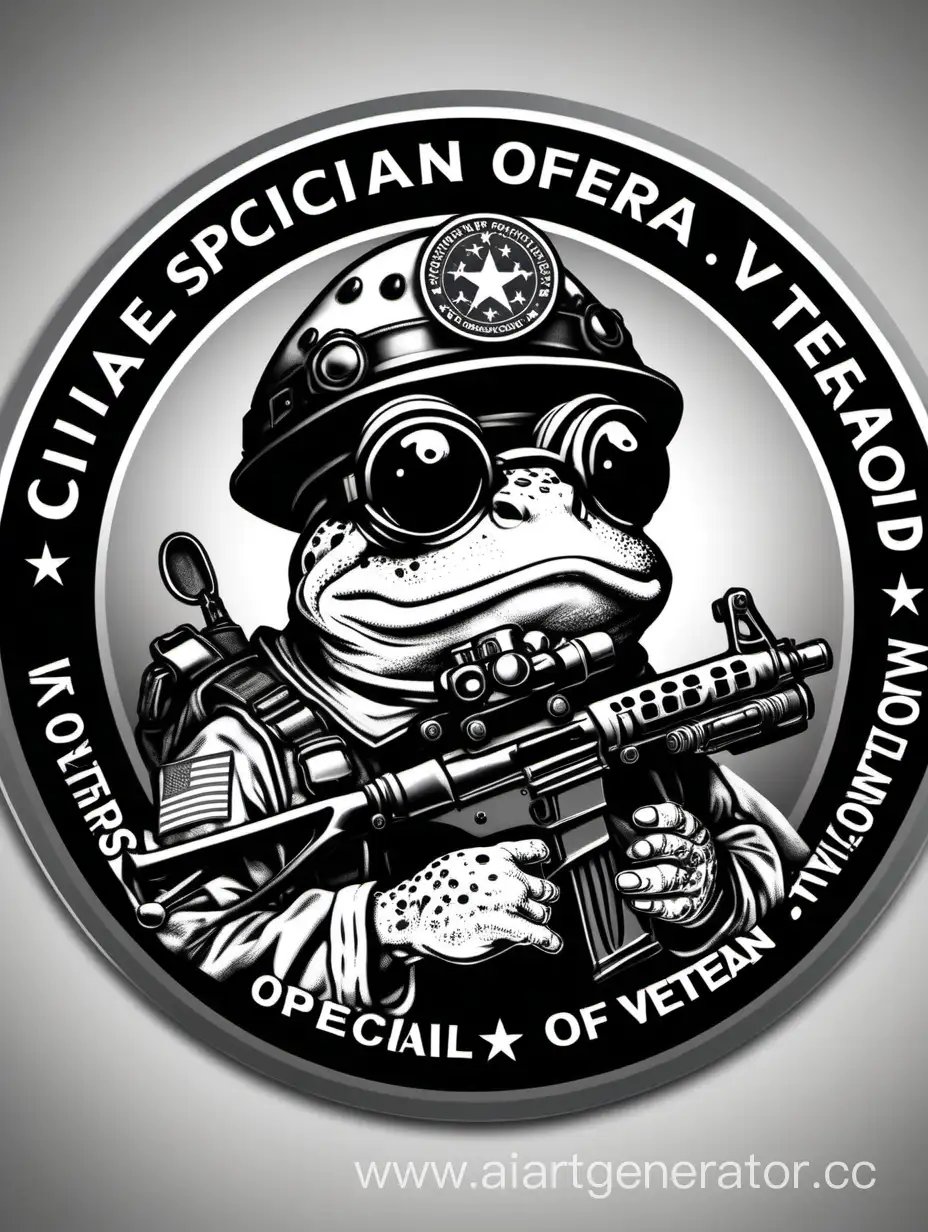 CIA special operation veteran toad with night vision grear on helmet , black and white round emblem