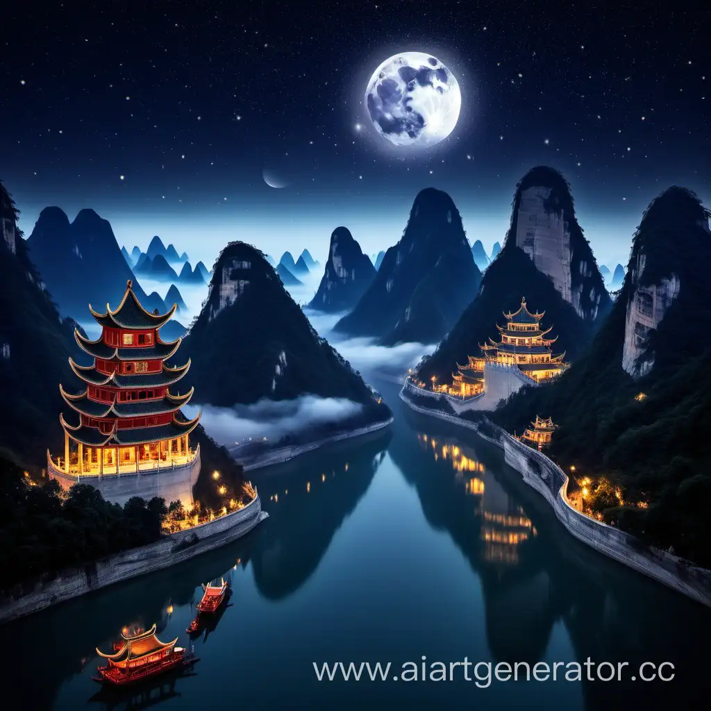 Китай, парящие горы, ночь,луна, звезды, пипа