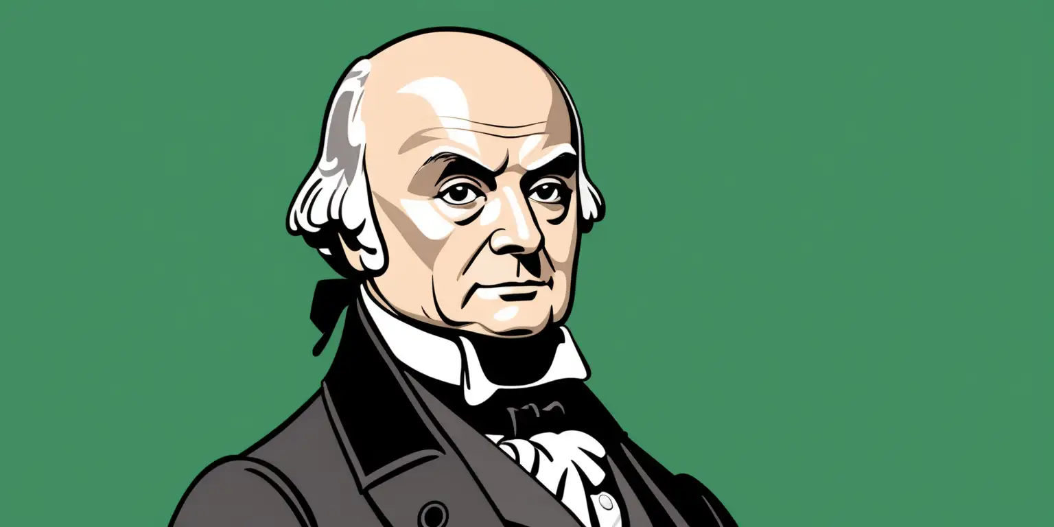 Cartoon Portrait of John Quincy Adams on a Vibrant Green Background