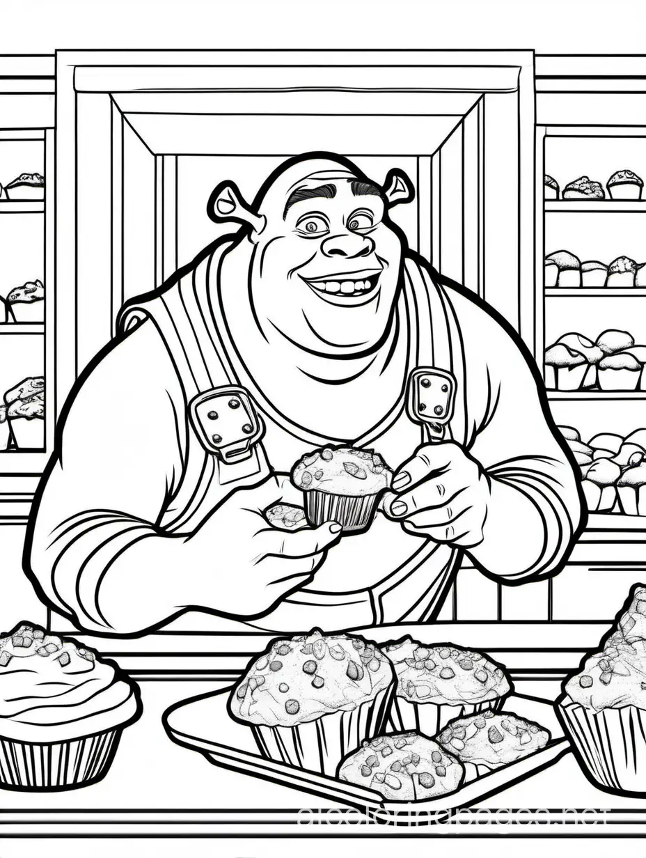 shrek eating a muffin
, Coloring Page, black and white, line art, white background, Simplicity, Ample White Space. The background of the coloring page is plain white to make it easy for young children to color within the lines. The outlines of all the subjects are easy to distinguish, making it simple for kids to color without too much difficulty