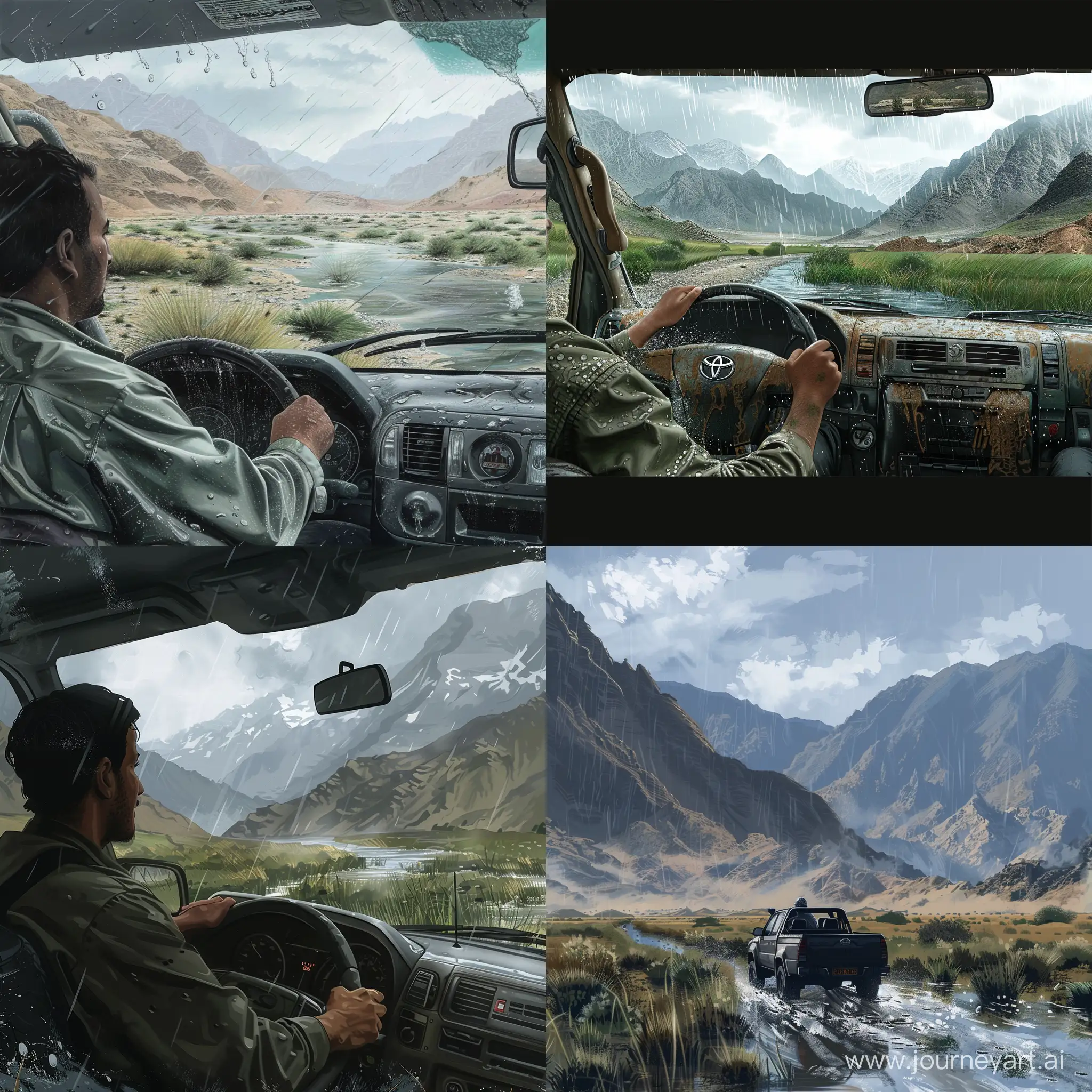 ارسم صورة رجل سعودي يقود هايلكس وسط الجبال والجو ممطر صباحا ويوجد بعض الاعشاب ومستنقع ماء