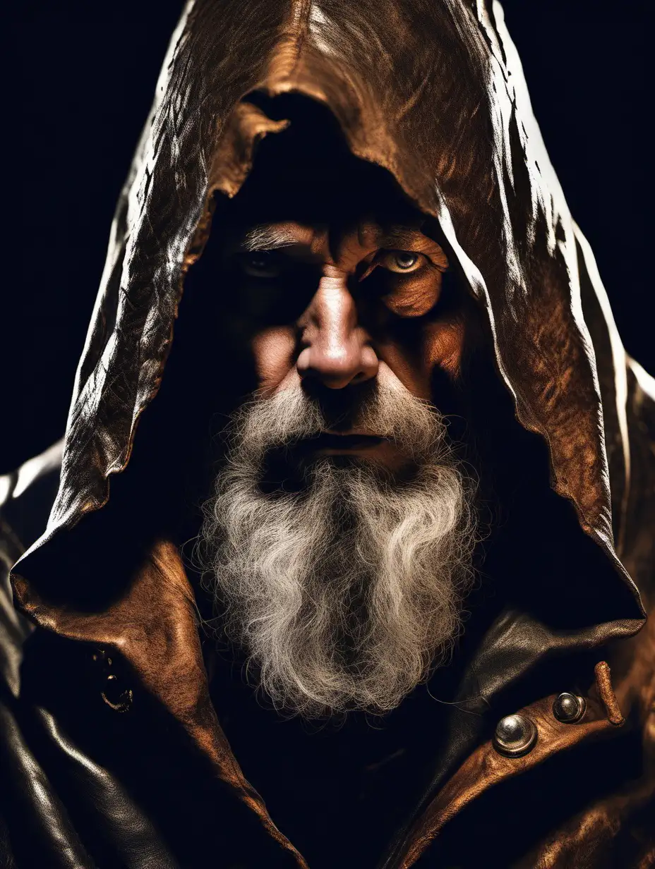 A mysterious 50 year old man with a long, graying brown beard wearing a rough leather hood looks outward with cunning, watchful eyes. Only one of his eyes is visible as the other is shrouded by dark shadow. He draws on a pipe and the embers cast a warm glow over half his face. He wears a ragged hide cloak and furs. Headshot, 3/4th angle, close-up, candid, high contrast
