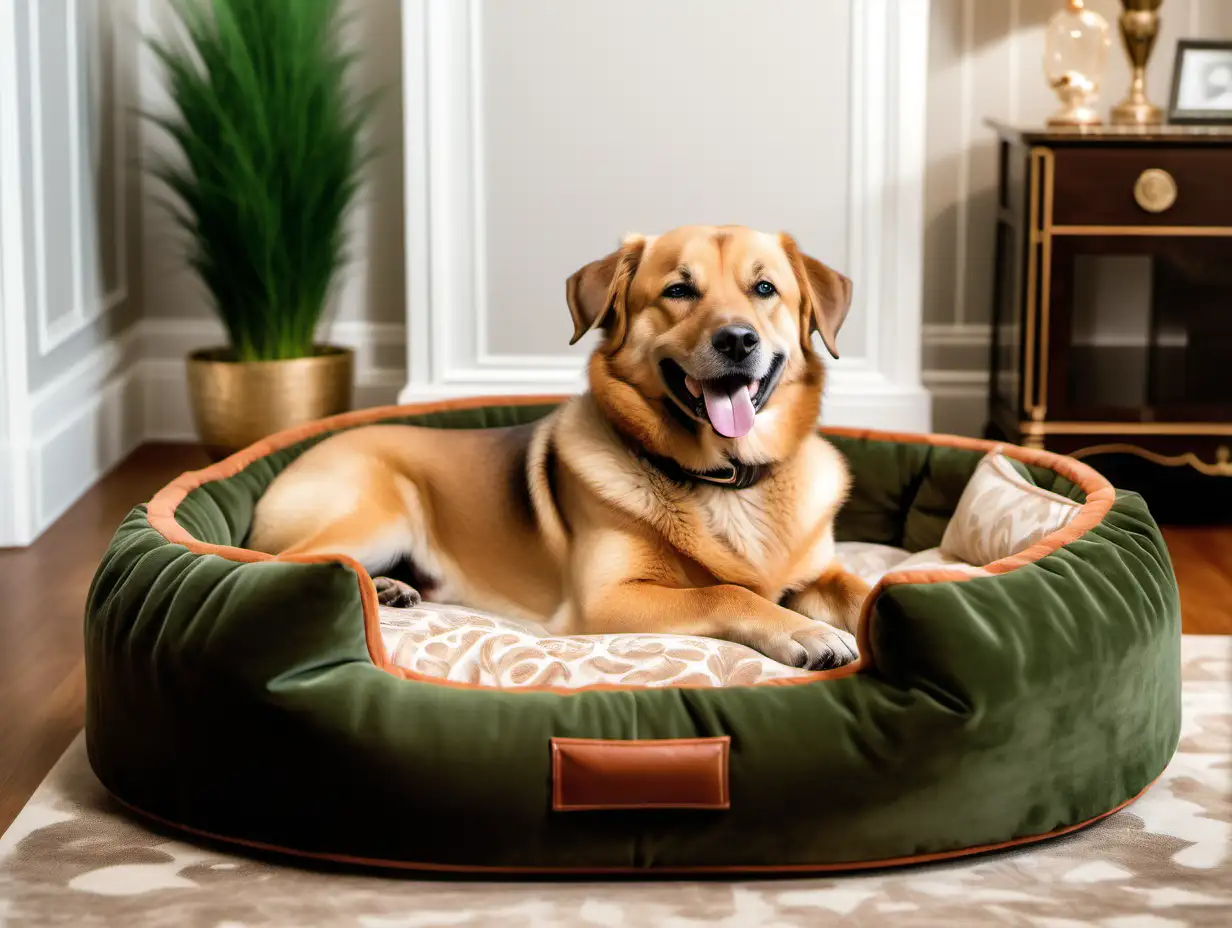 A happy dog relaxing on the comfortable dog bed in a high-end setting. The house where the dog lives looks like belonging to a wealthy family. Dominant colors shall be muted browns, beiges and forest greens.