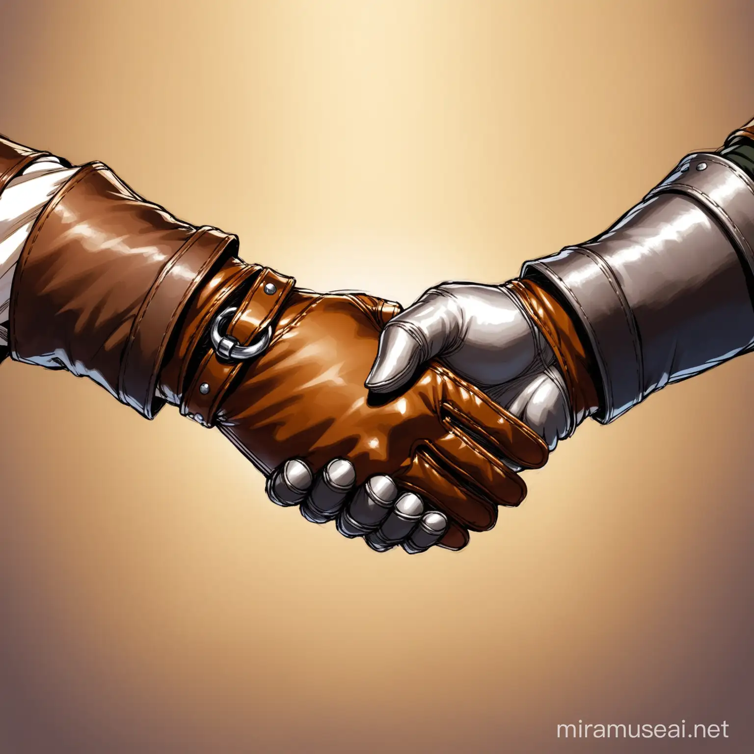 Medieval Leather Gloves Two Hands in Buddy Handshake Grip