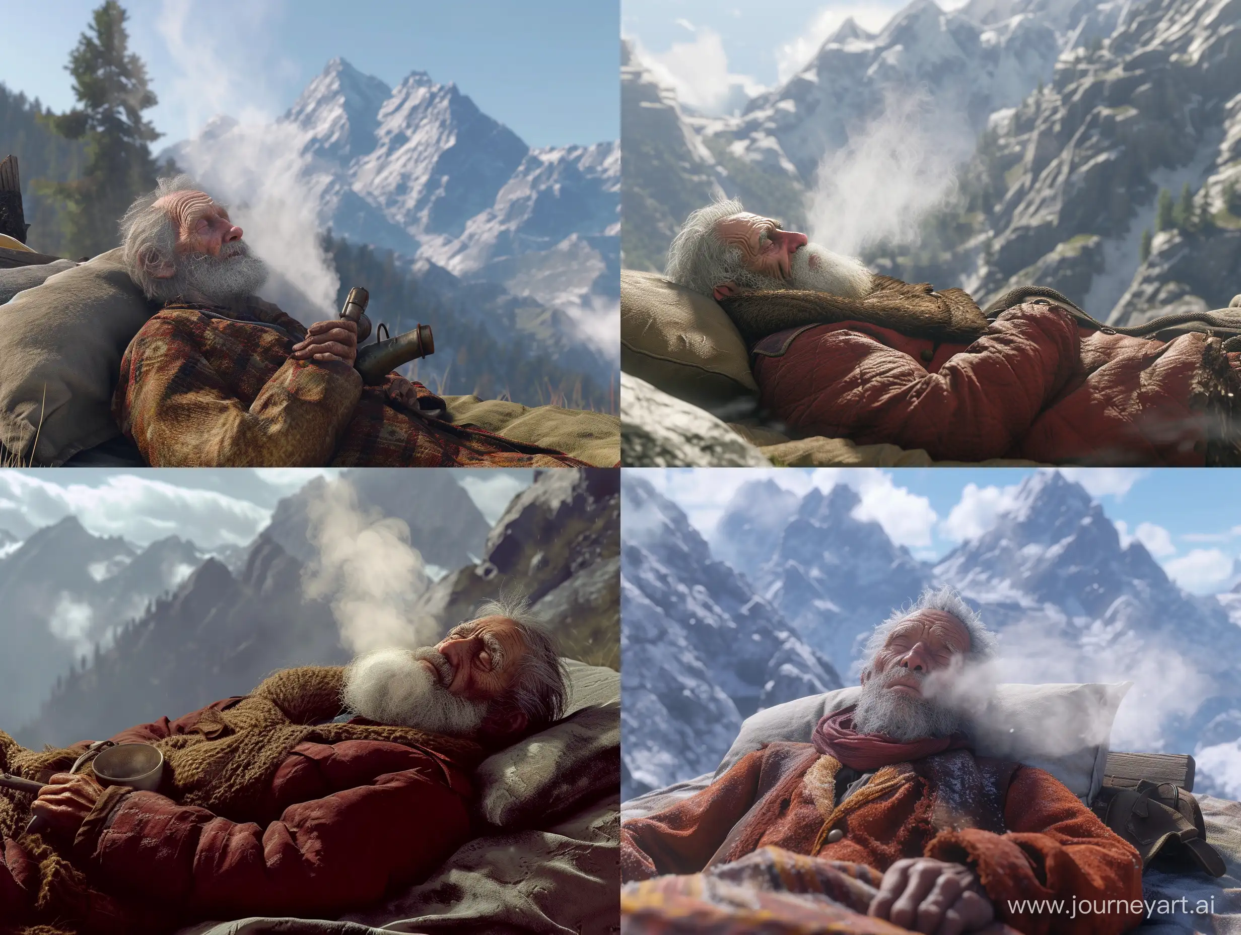 The character Sam from the game is SO old and lies on a bed in the middle of the mountains and steam comes out of his mouth, photorealism
