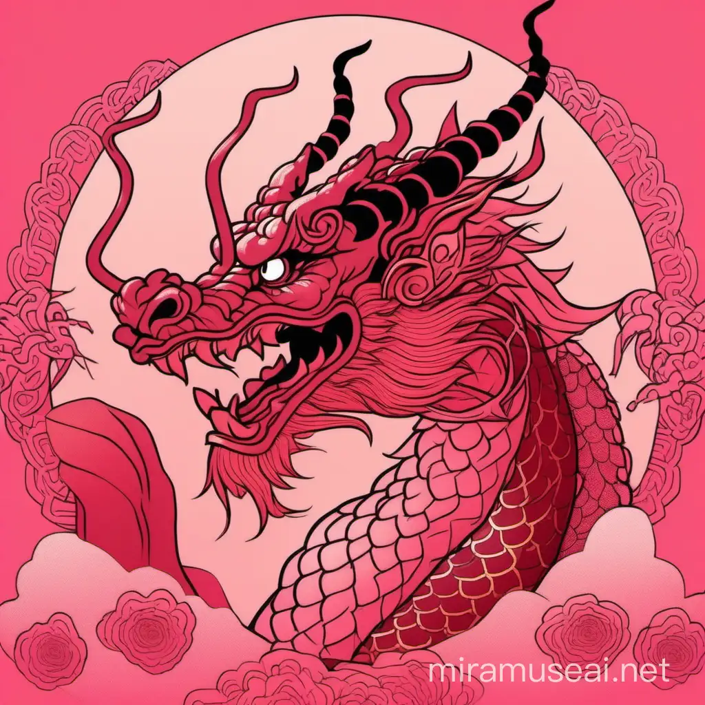 A reddish brown smiling Chinese dragon with antlers against a background of pink colours and motifs; silkpunk aesthetic