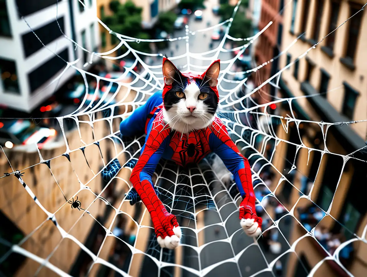 Cat wearing a Spiderman costume. Lying relaxed on a large spider web in the middle of the city. Camera shot from above wide. Far..