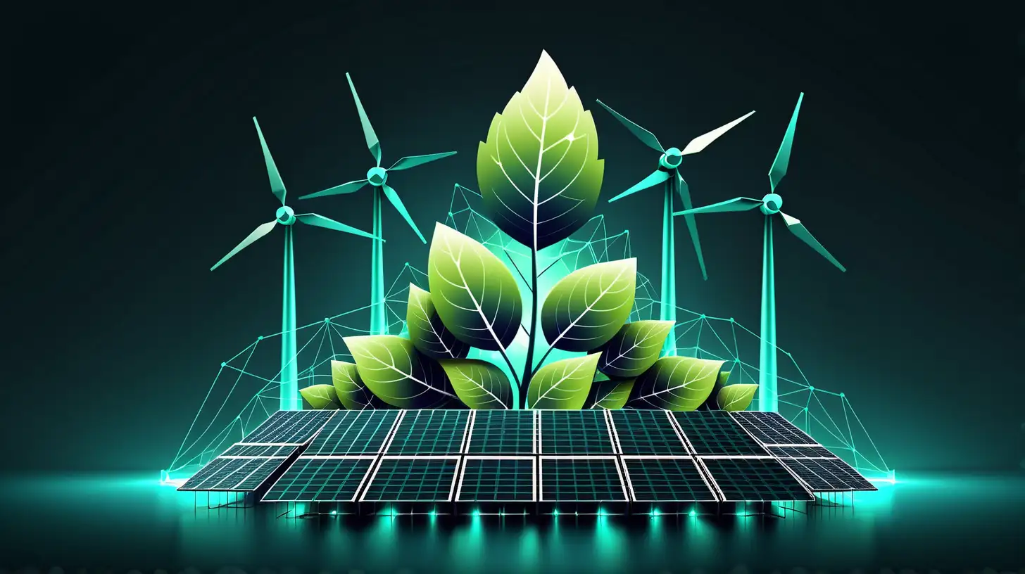 renewable green energy illustration, dark background, no text, blockchain web3, teal blue