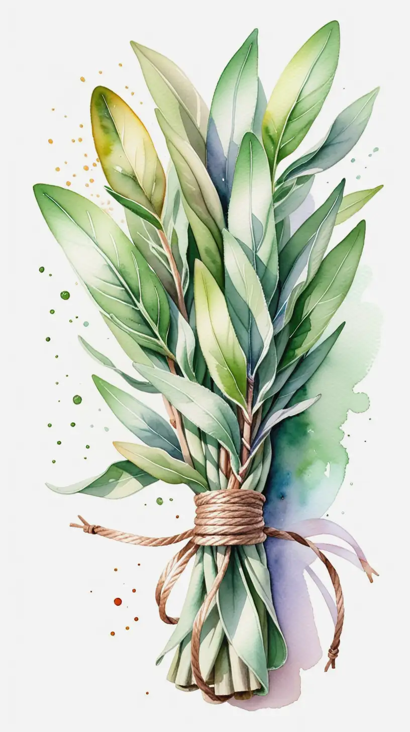 Watercolor Painting of TiedUp Bundle of Sage on White Background