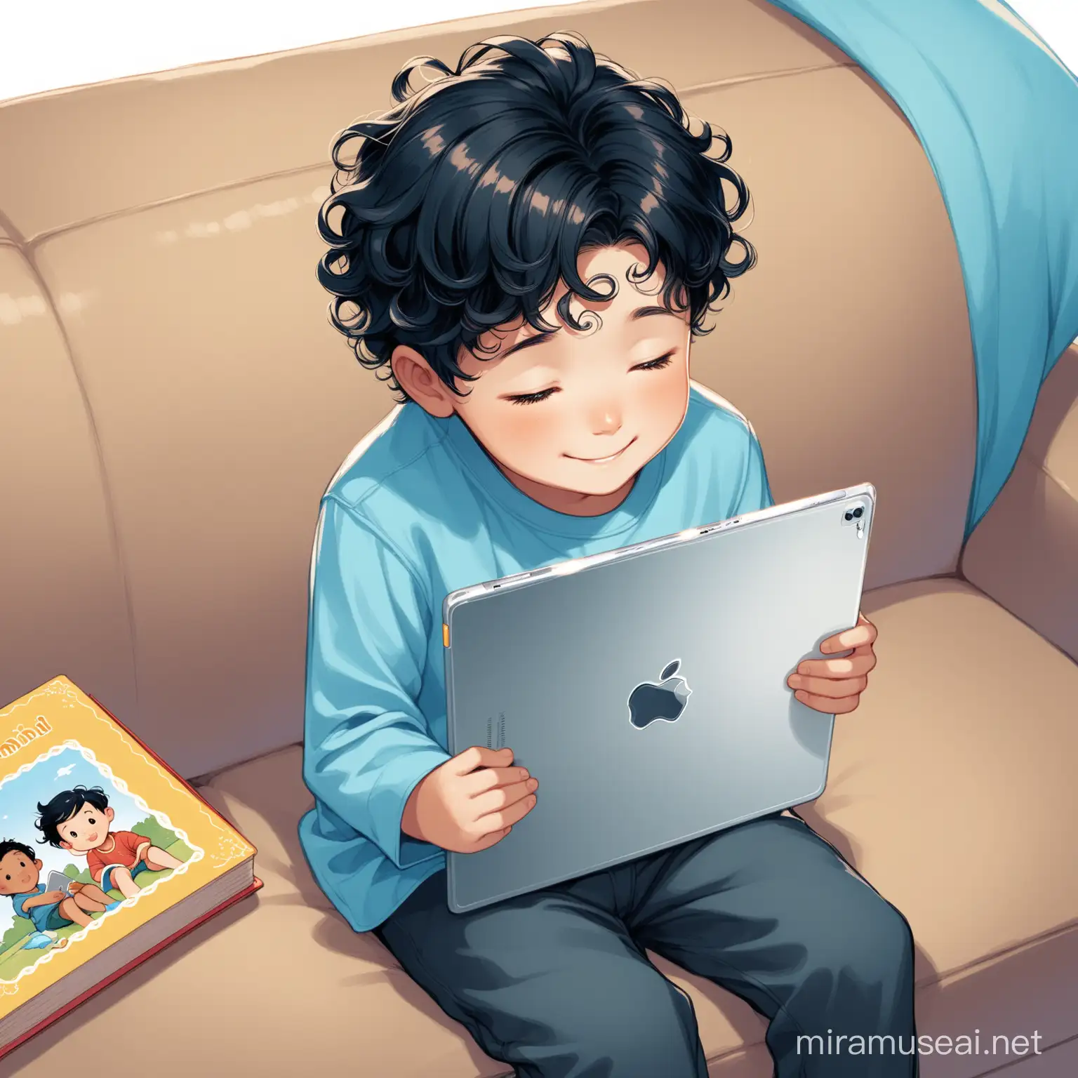 a little boy with curly black hair wearing a plain blue shirt sitting on couch smiling, looking down at a silver iPad with nothing on the back of it, drawn like a children's picture book illustration