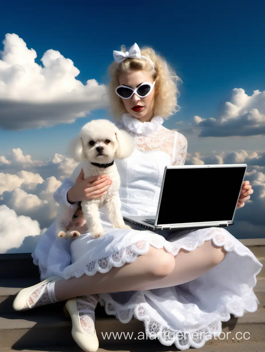 Девушка блондинка в костюме кошки в мехах и кружевах в кружевном платье в облаках в солнечных лучах с ноутбуком и белой болонкой в стиле сальвадора Дали