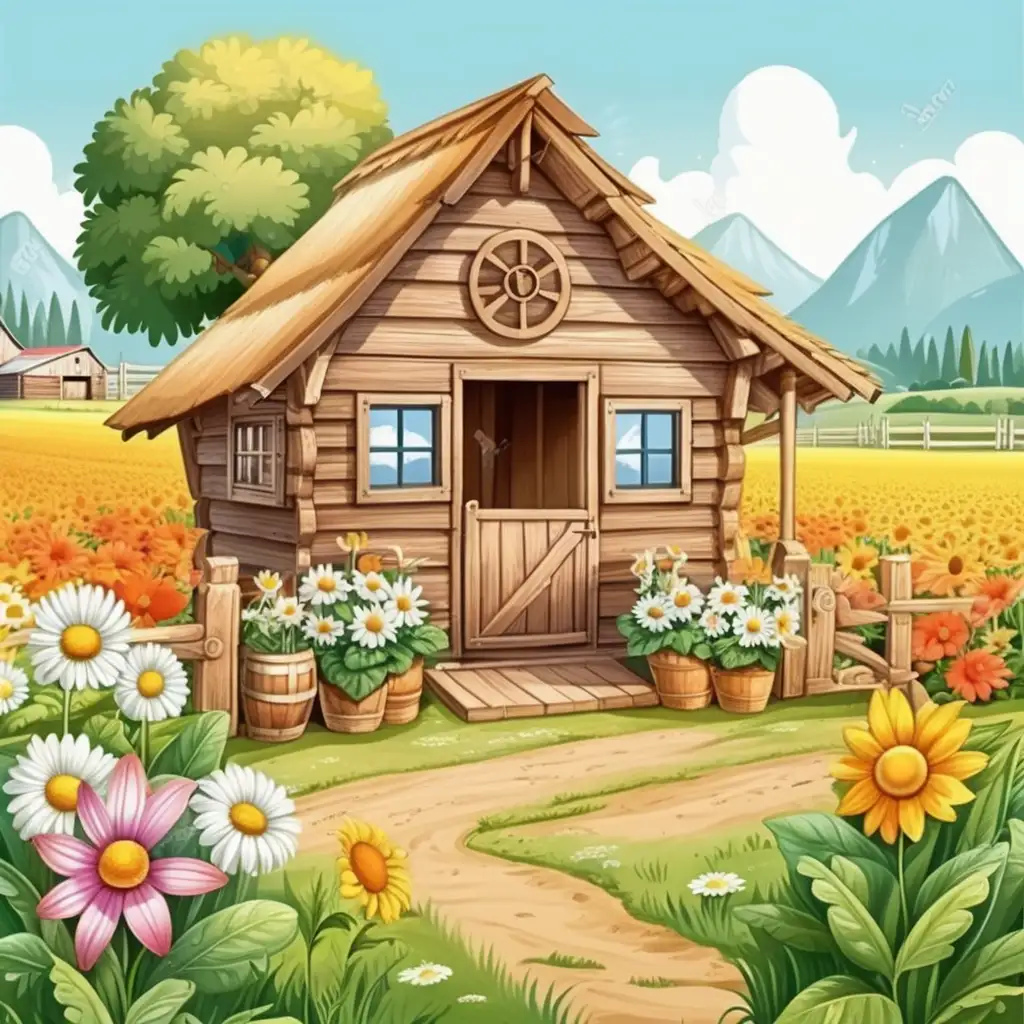 Charming Wooden Hut Surrounded by Vibrant Summer Blooms in a Cartoon Farm Setting