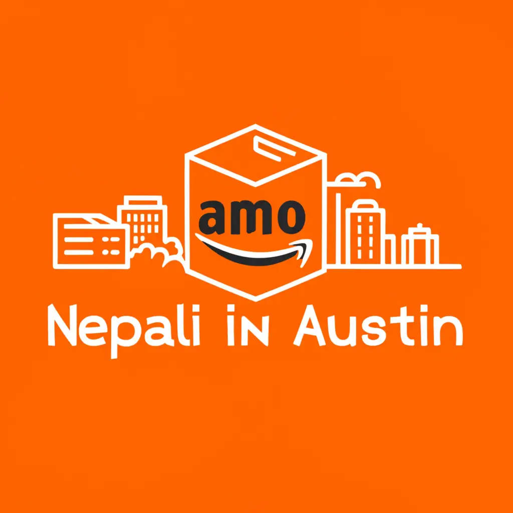 a logo design,with the text "Nepali in Austin", main symbol:Amazon shipping box with Amazon company smiley  ,austin skyline and orange background,Moderate,be used in Nonprofit industry,clear background