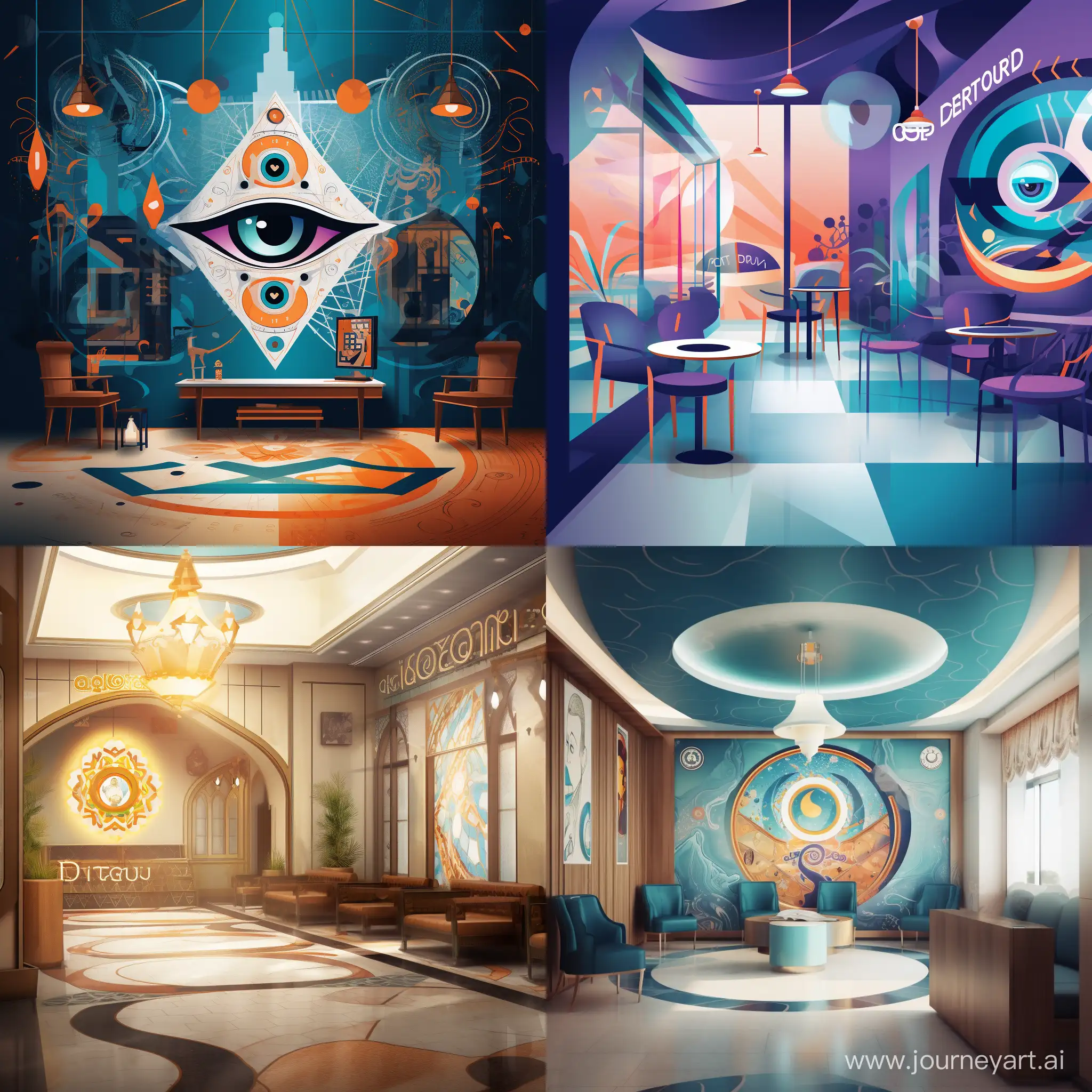 /imagine prompt: An enchanting representation of the "Behbod Gostar Didavar" logo, seamlessly blending ophthalmology and optometry elements into a vibrant clinic environment, where the logo is depicted as an integral part of a modern, bustling scene, Illustration, digital art, --ar 1:1 --v 5