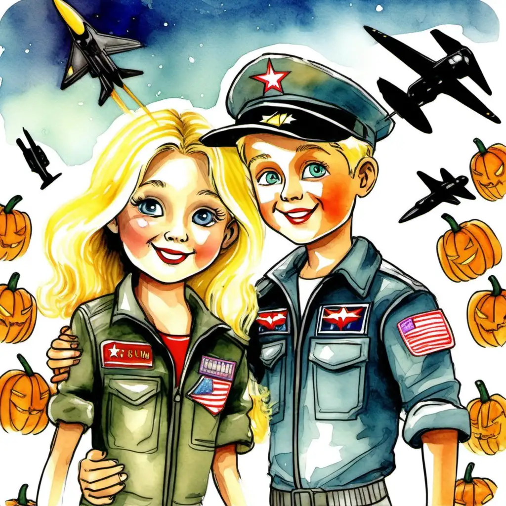 Children’s book, water color illustration, blonde girl in top gun costume and a blonde boy in a hat at a Halloween party