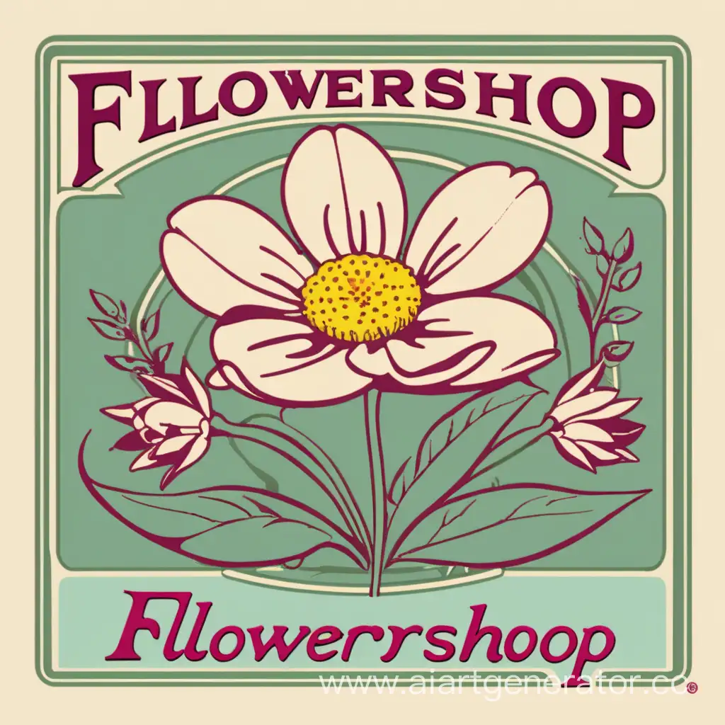 логотип, на котором изображен цветок в упаковочном пакетике,  а снизу написано название "Flowershop"