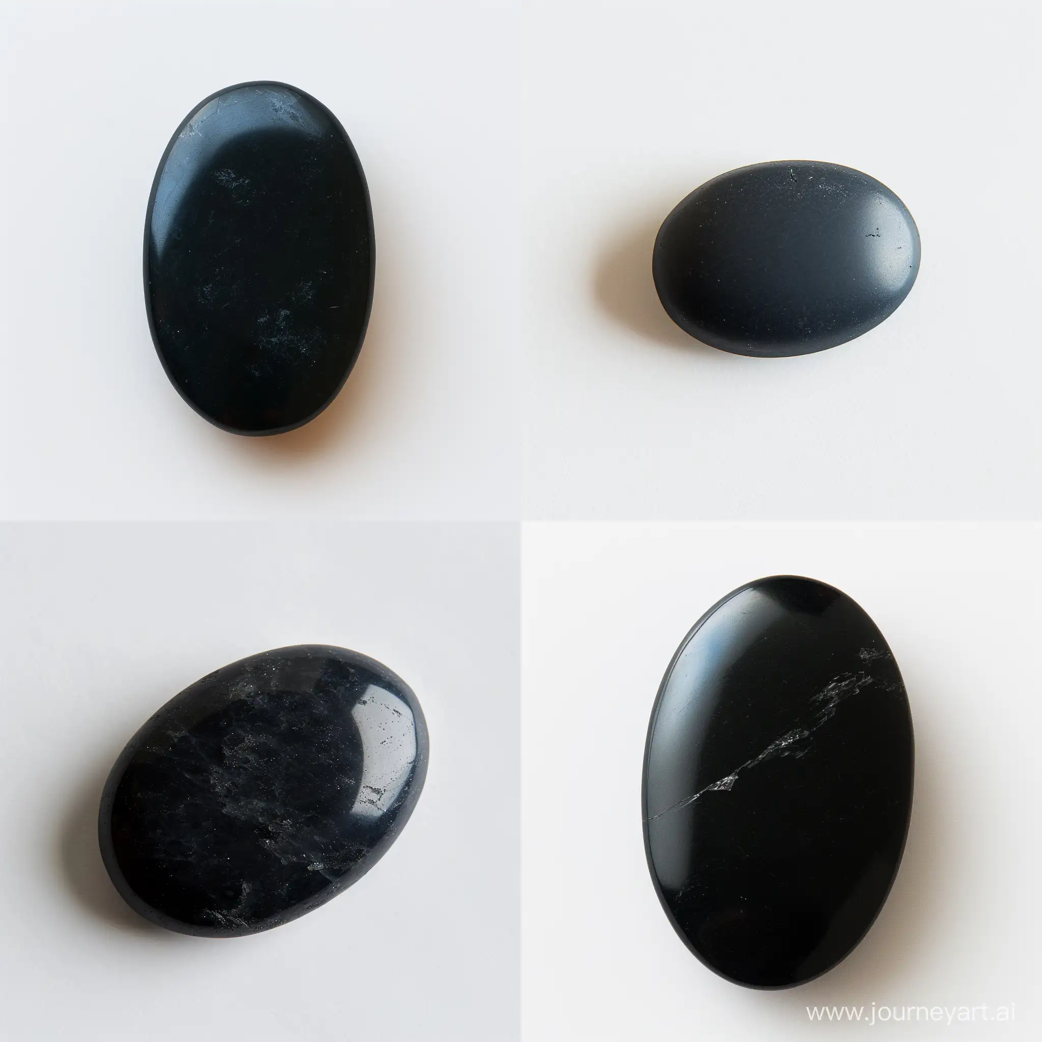Solid stone + oval shape + dark black color + matte texture+ plain+slightly elongated horizontally + polished cabochon+ medium size+on a white background+view of the stone from above+on a light background, beautiful, stone in the middle of the picture
