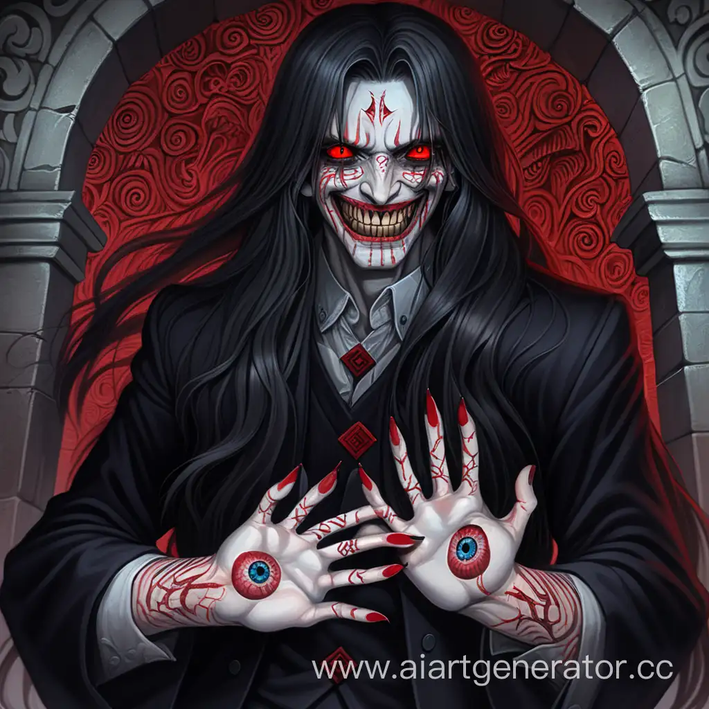 Eerie-Man-with-Long-Hair-Red-Eyes-and-Creepy-Smile-in-Front-of-Tomb
