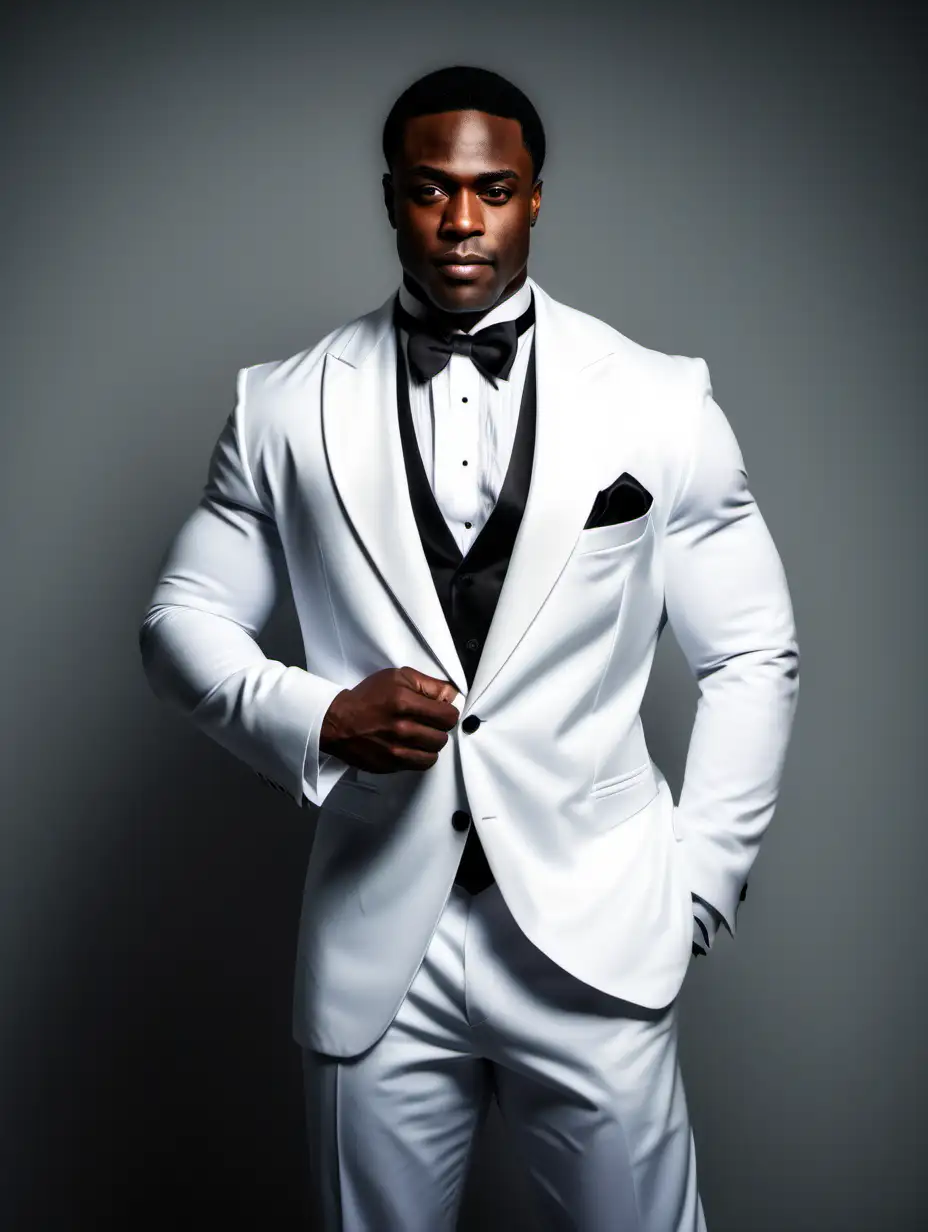 a Handsome african american man heavy weight with strong muscle with a white tuxedo on