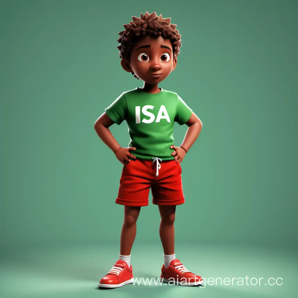 Young, successful, smart character named Isa in red shorts and a green T-shirt