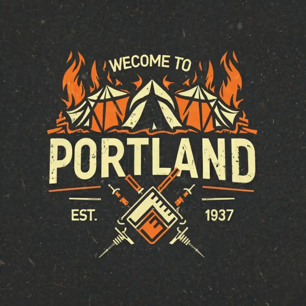 logo, Tattered tents, hypodermic insulin needles, dumpster fires, riots, with the text "Welcome to Portland", typography, be used in Nonprofit industry