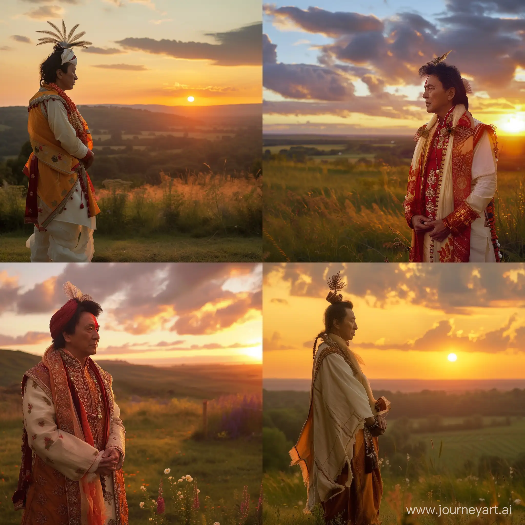Jacky Chan in indian costume stand at a meadow watching the sunset