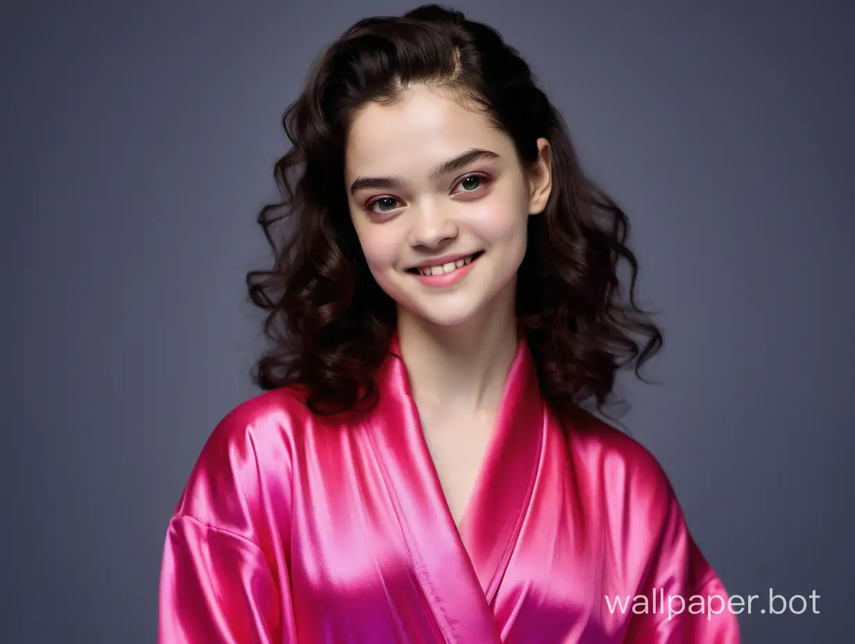 Evgenia Medvedeva with her hair down in a royal bright pink silk robe is smiling