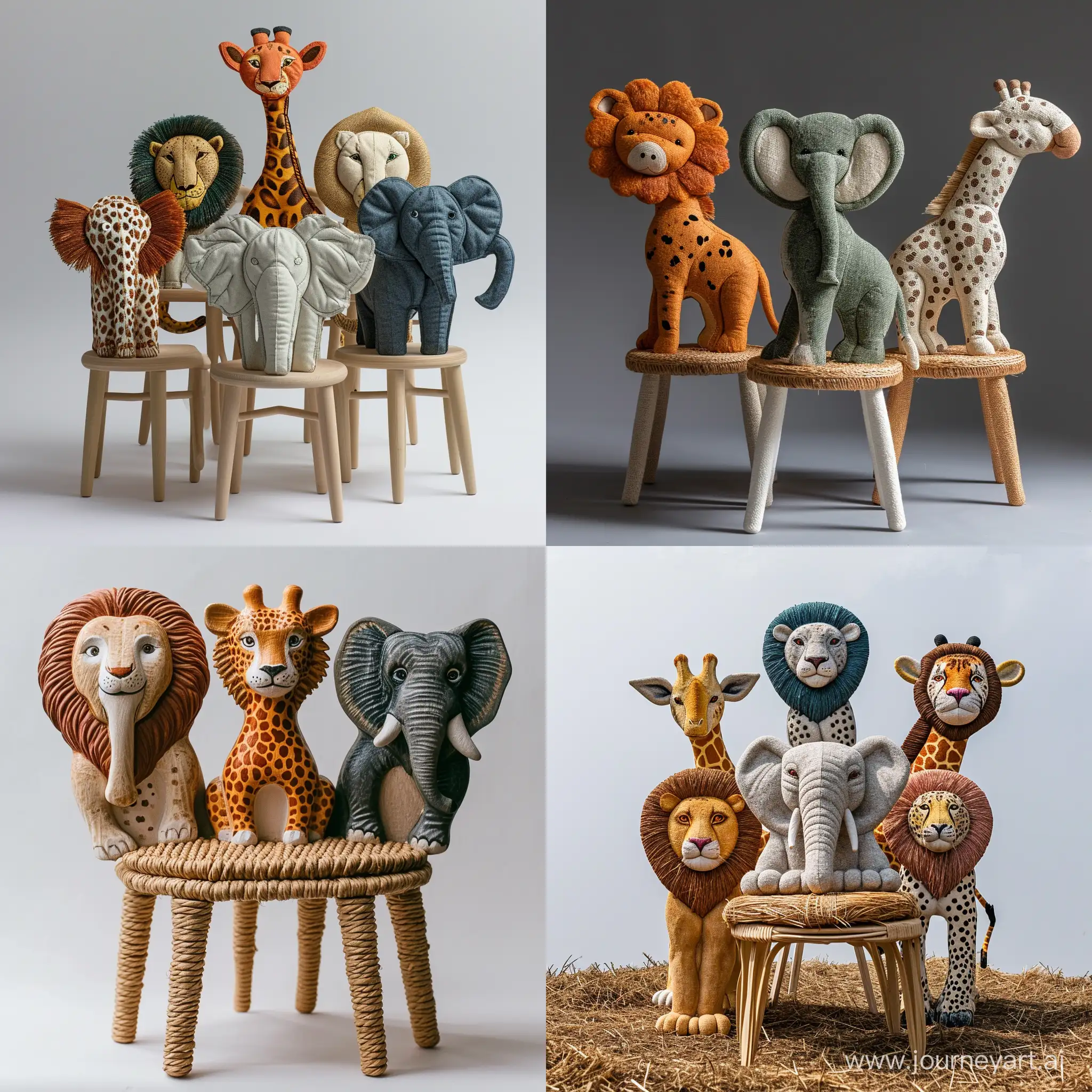 imagine an image of a cute stackable sturdy children’s  chair inspired by beautiful perfect safari animals(lion, elephant, giraffe, tiger,cheetah), with backrests shaped like different safari animals. Use recycled wood for the frame and woven plant fibers for seating areas, depicted in colors representative of the chosen animals. The seat should stand approximately 30cm tall, built to educate about wildlife and ensure durability.realistic style