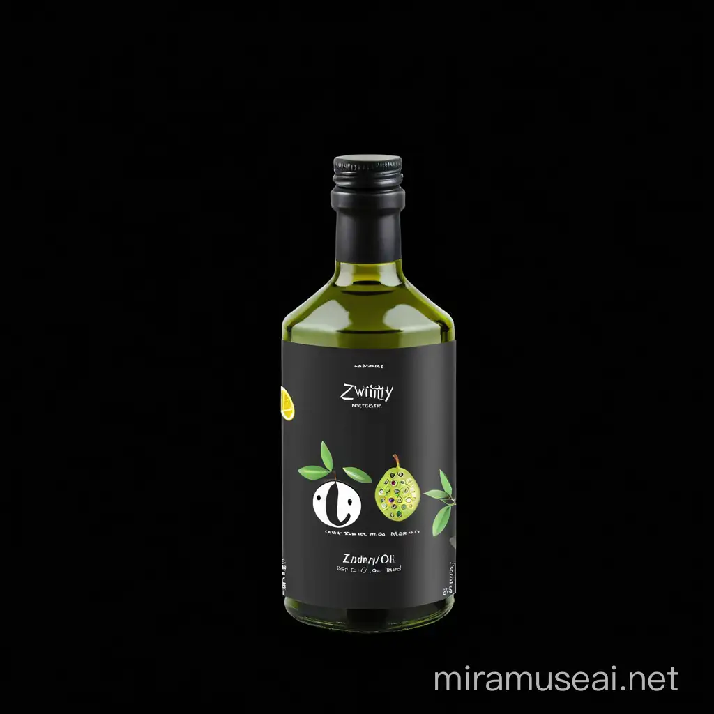 une bouteille de huile d'olive  aromatisée de fruits  pour les enfants avec une étiquette sous le nom "Zwitinty " cette etiquette ast animée avec des illustration d'animes pour les