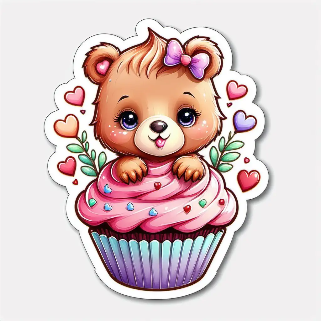 Whimsical Fairytale Baby Bear Sticker on Bright Pastel Cupcake