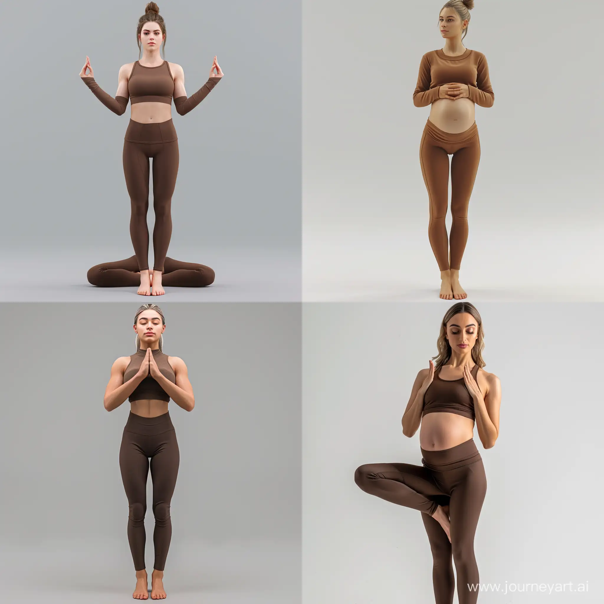 super realistic woman, who's standing in a yoga pose in brown sport top and leggings; use pose and style