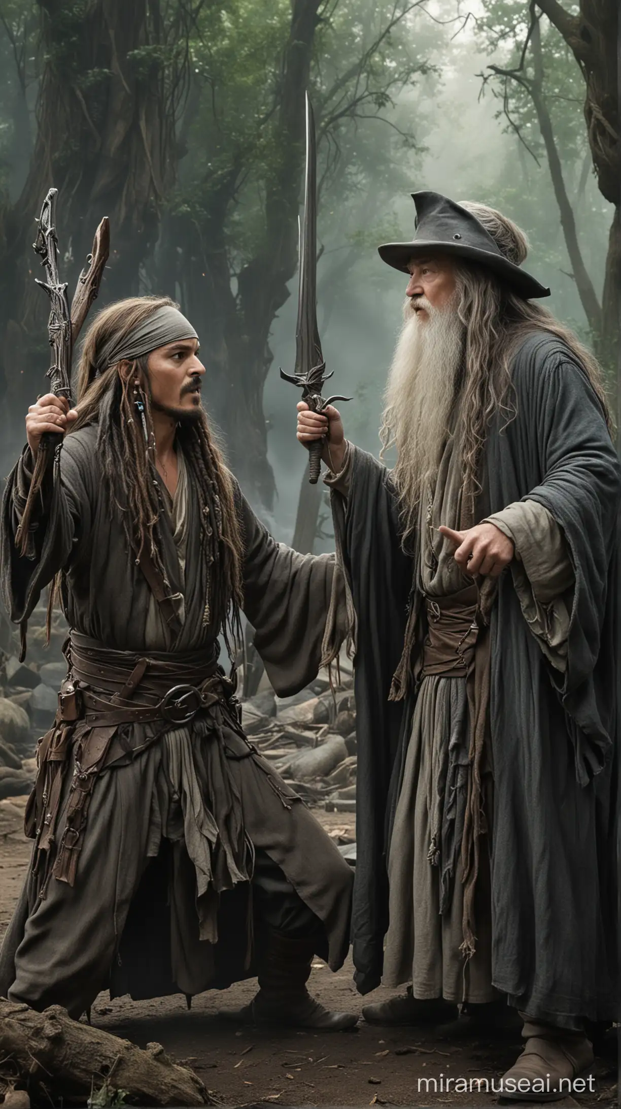 Jack Sparrow and Gandalf, fighting Saruman  in Isengard