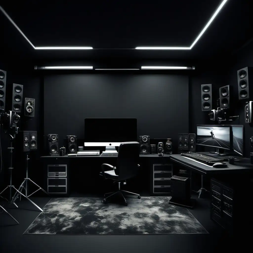 Elegant Cinematic Black Interior Editing Studio Decor