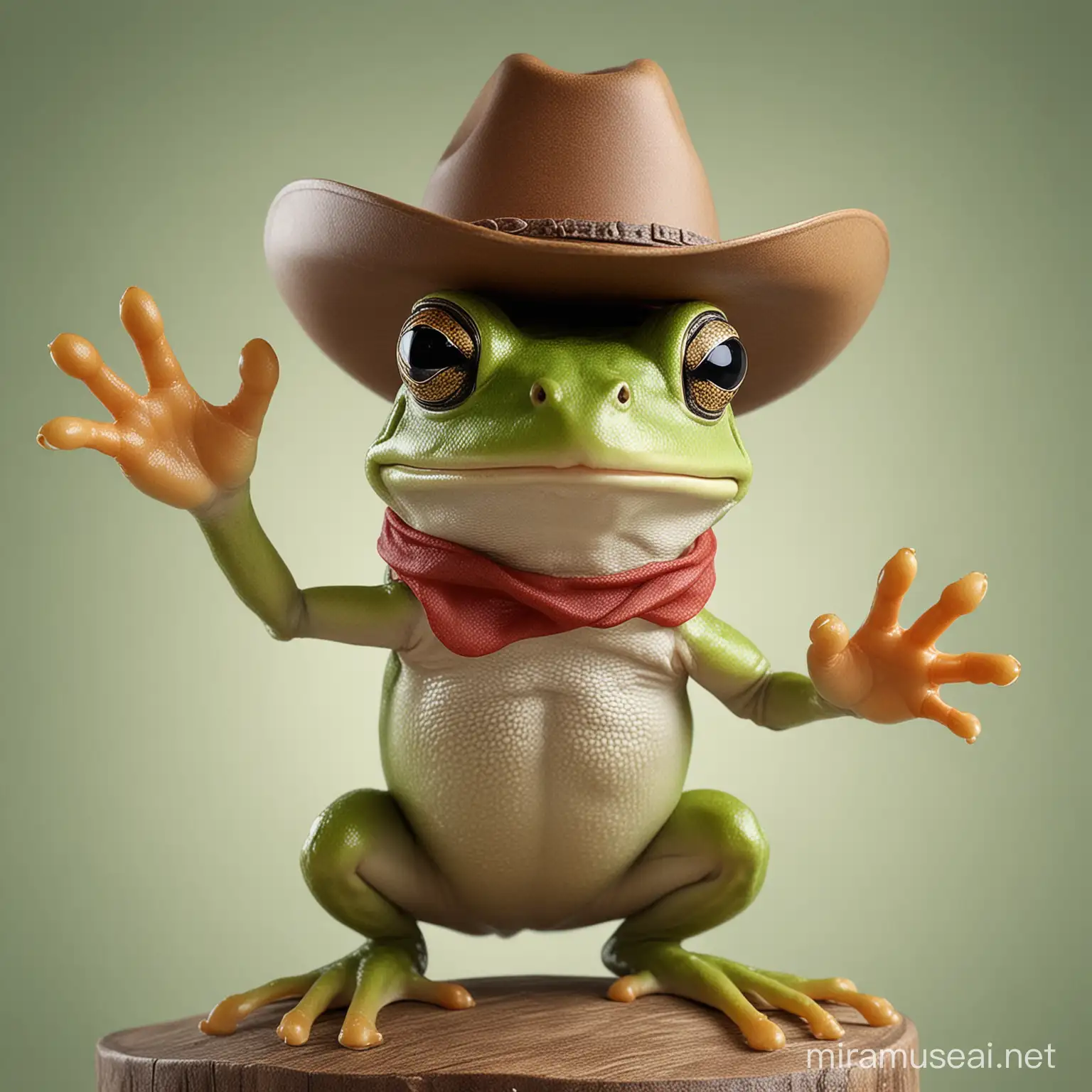 Frog Wearing Cowboy Hat with Raised Hand