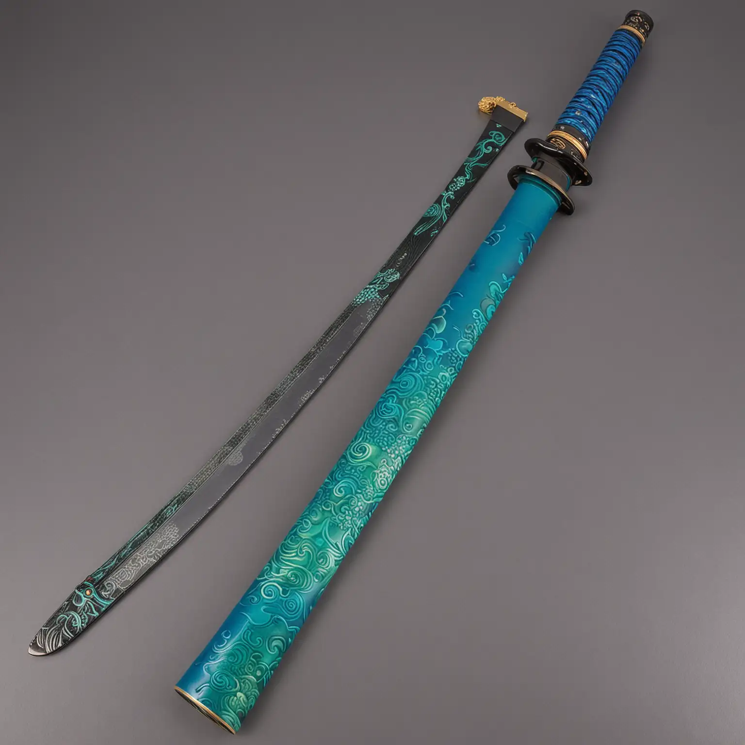 a long, blue and green katana scabbard without the blade in it