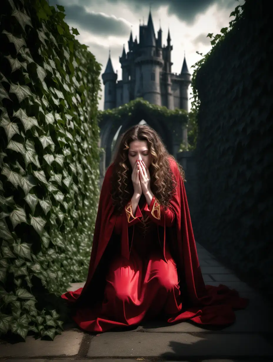 Mystical Maiden in Red Gown at Shadowed Castle
