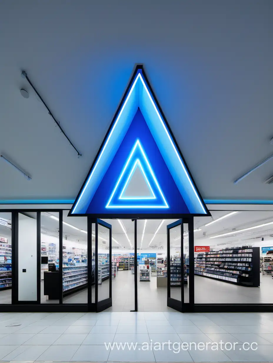 дизайн проект входа в магазин электроники огромный матовый синий треугольник светится в нутри в середине него дверь и стеклянные окна в потолок