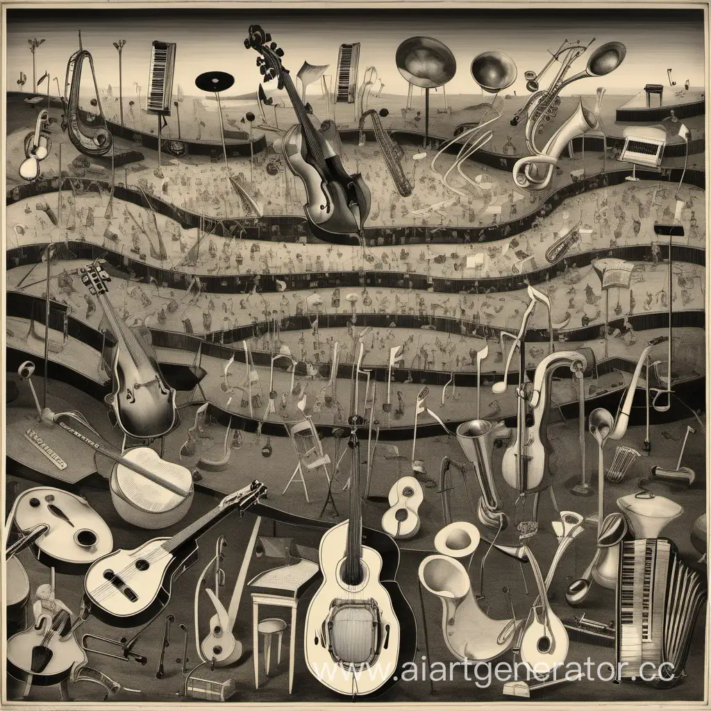 Черное-белое поле с множеством музыкальных инструментов