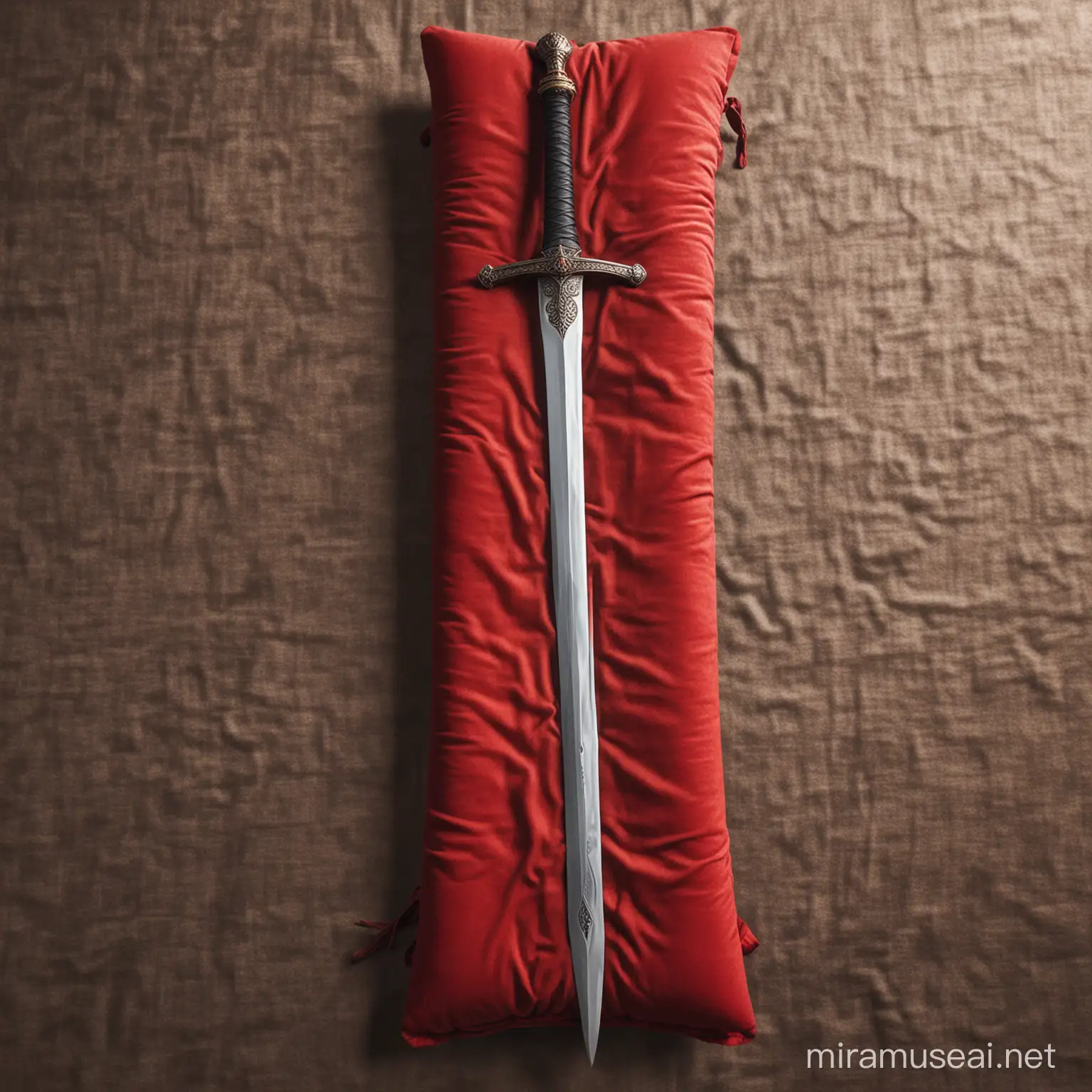 A long great sword laying on a red cushin