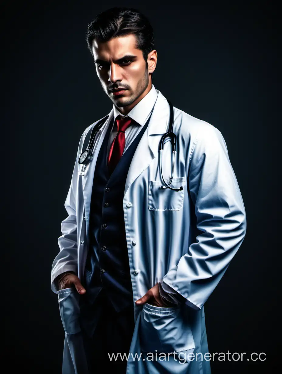 A handsome mafia man in a doctor's uniform