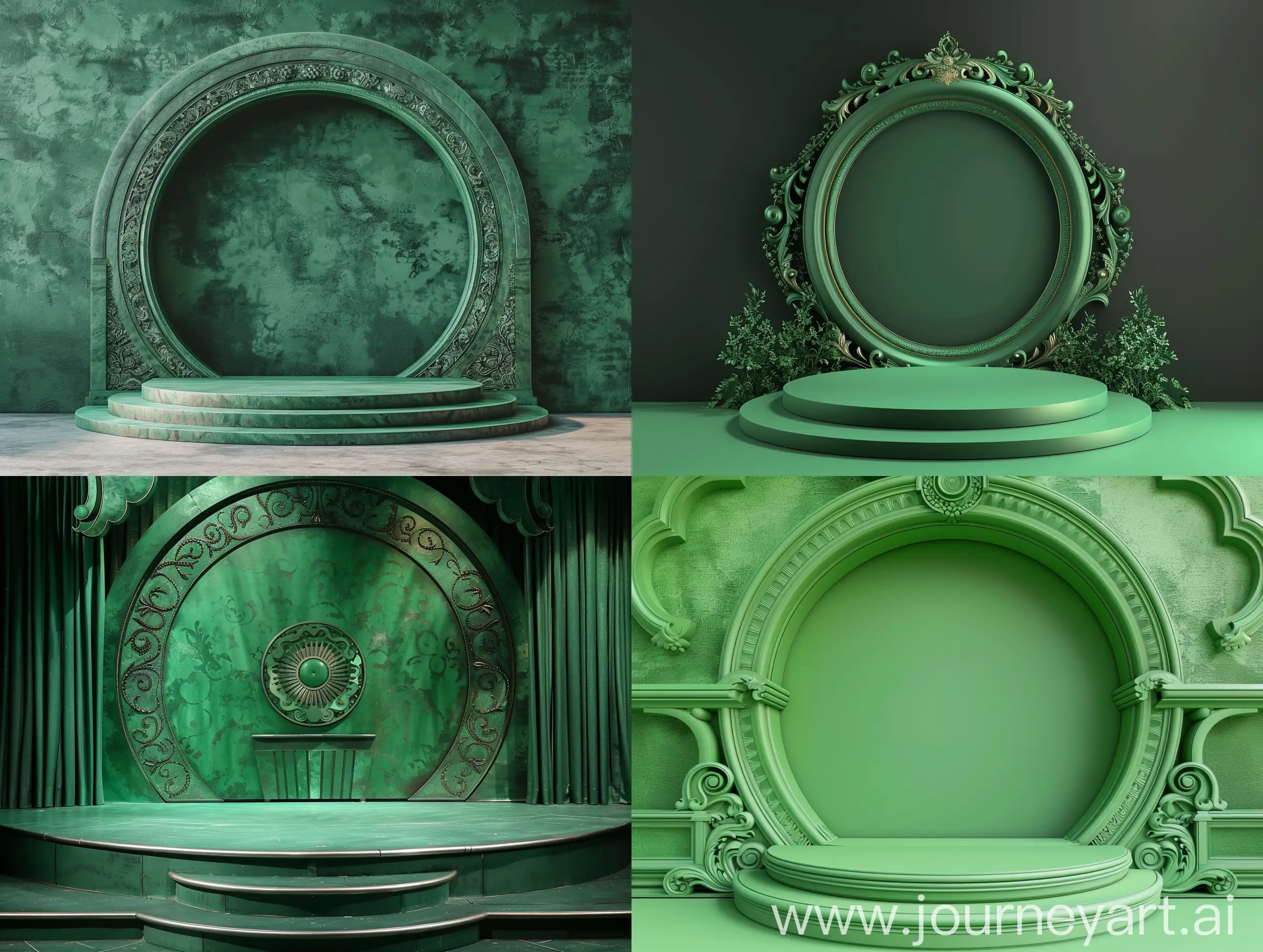 green stage for performances with circular ornament