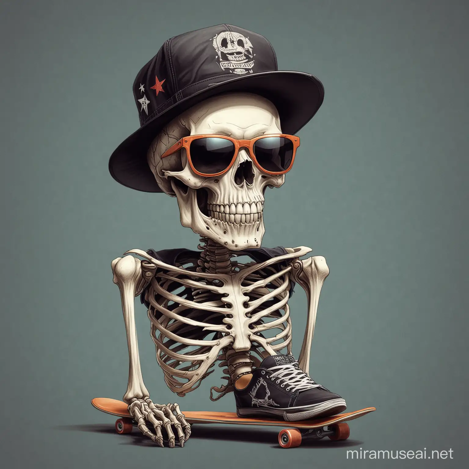 american traditional style graphic of a skeleton with sunglasses, a tank top and a backwards hat skateboarding