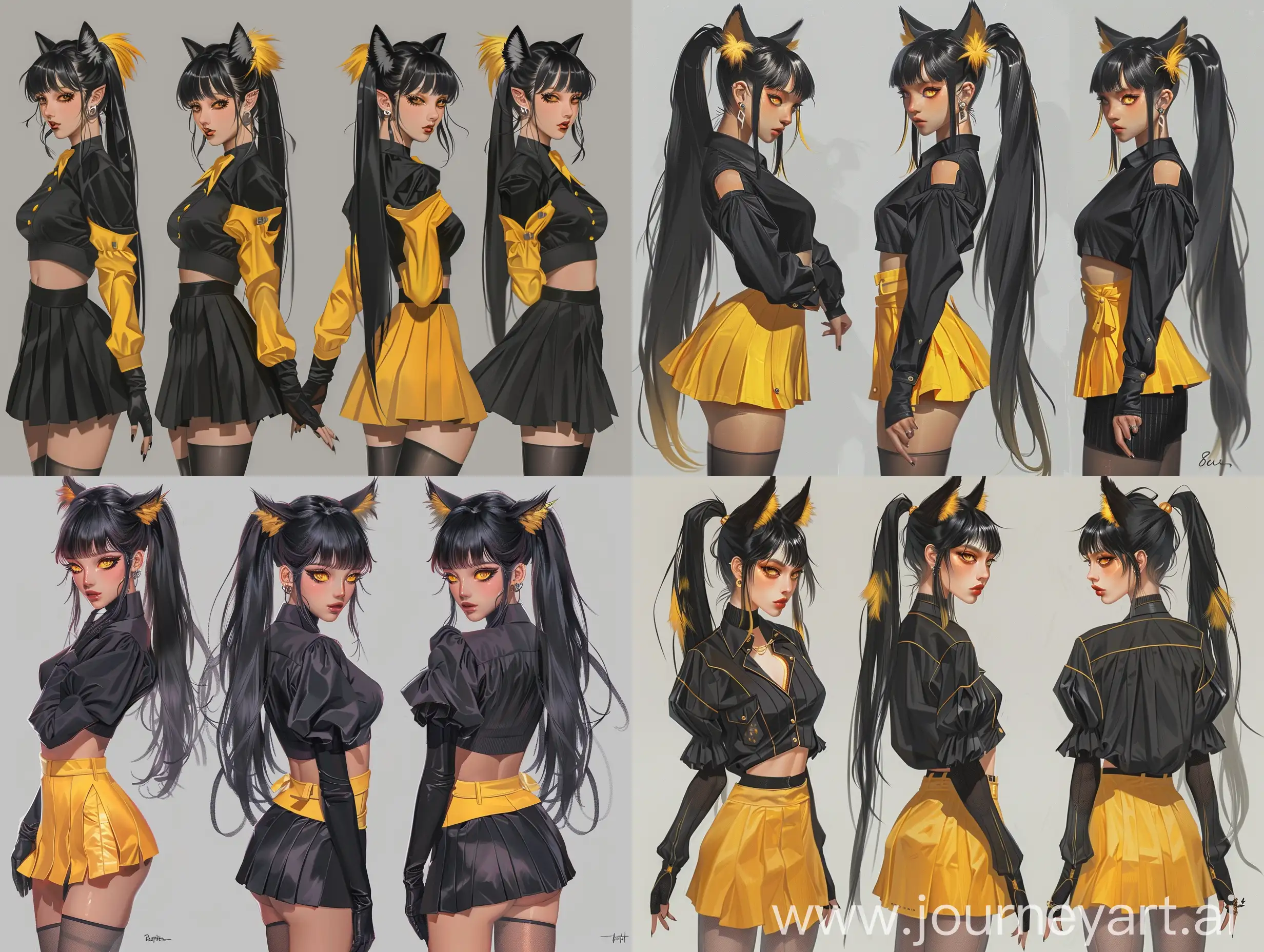 {best quality}, {{masterpiece}}, {highres}, original,expressions, extremely detailed 8k wallpaper, {an extremely delicate and beautiful},official art,three sided view,reference sheet,expressions,modern clothing, blunt bangs,yellow cropped torso upper body,black hair, ponytail, golden eyes, long hair, straight hair, wolf ear fluff, dogtail, long sideburns, taut shirt,Half frame eyes, black pleated skirt, pantyhose, high heeled boots, thigh boots, fingerless gloves, earrings, detached sleeves