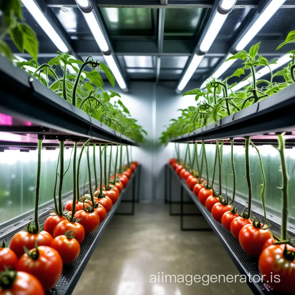 tomatoes in a enclosed ,glass room ,with grow lights all over the area to keep them green and ripen .a scientific test chamber to maintain the quality of the tomatoes under controlled environmental conditions