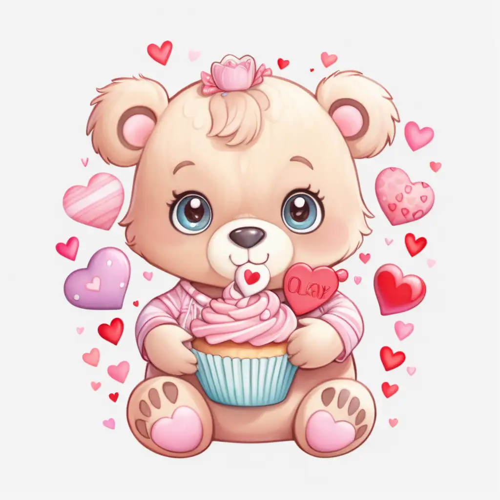 whimsical, fairytale, bright,colorful
,cartoon, cute pastel baby bear, big eyes,with glowing heart on the belly, wearing pyjamas, holding a cupcake, beautiful valentine background,   with valentine hearts around, sticker,white background