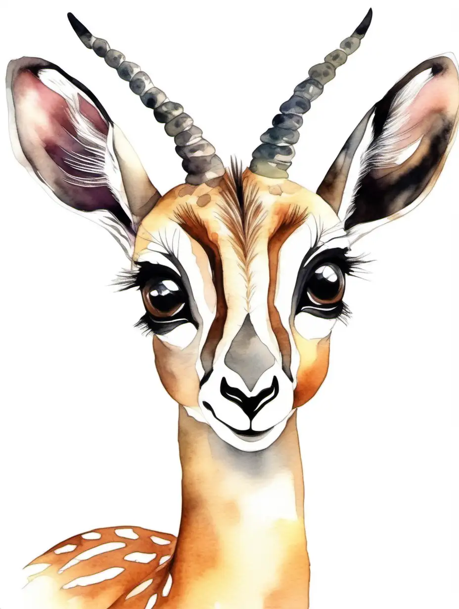 watercolor drawing of a baby gazelle, woodland style, cute, neutral, big eyes, isolated white background