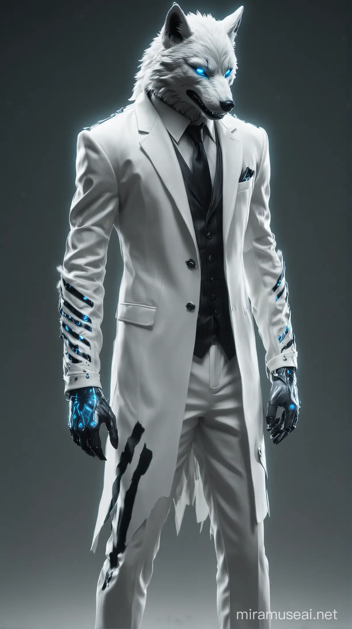 Long white suit with black strips glowing like white wolf and have a mask like wolf with blue shining eyes and backside of the suit a wolf is made for game character