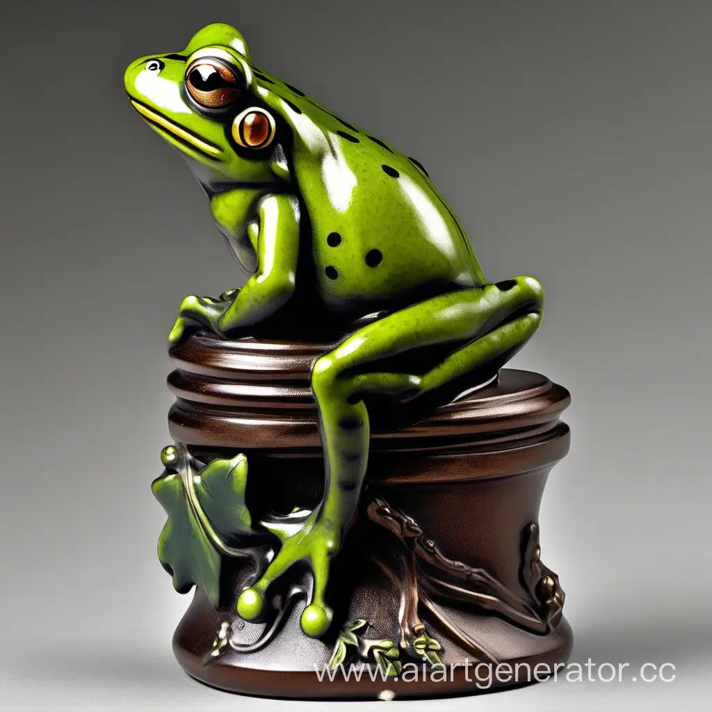 a frog sitting on a vine bottle. statue England 1890