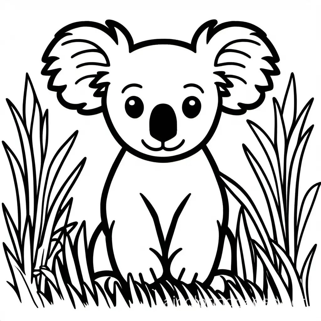 Cute koala in a grassy field outline with no shading, Coloring Page, black and white, line art, white background, Simplicity, Ample White Space. The background of the coloring page is plain white to make it easy for young children to color within the lines. The outlines of all the subjects are easy to distinguish, making it simple for kids to color without too much difficulty