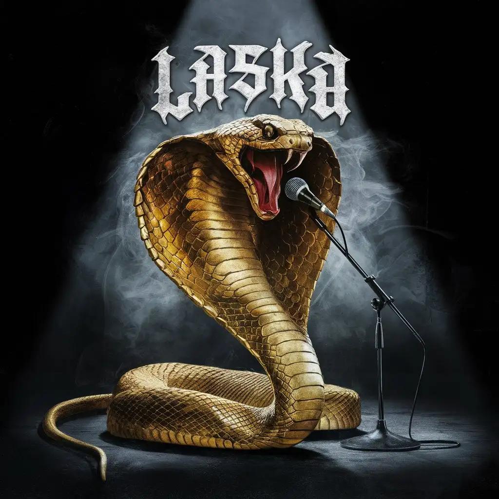 Rock music album cover, golden cobra attacks, inscription "LasKa" As title, hyperrealism